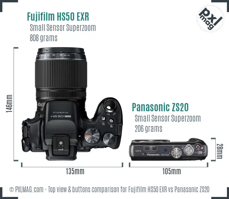 Fujifilm HS50 EXR vs Panasonic ZS20 top view buttons comparison