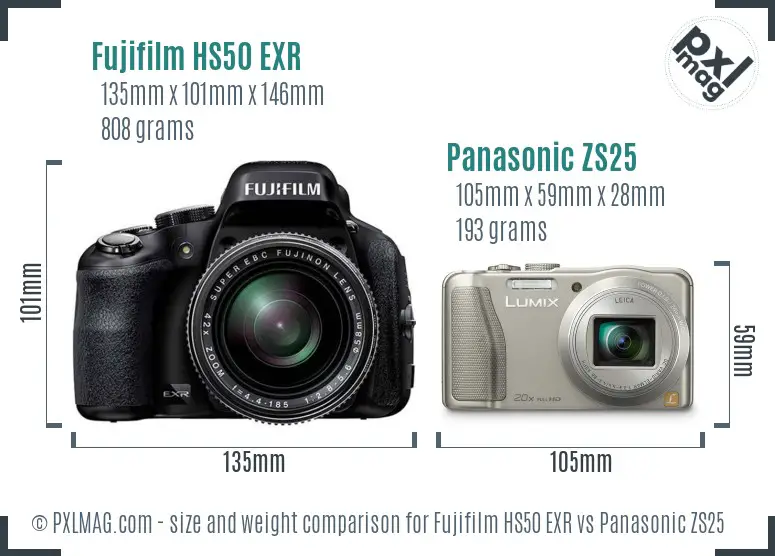 Fujifilm HS50 EXR vs Panasonic ZS25 size comparison