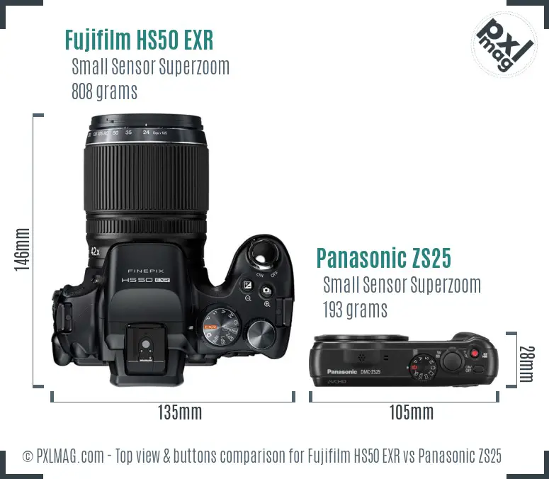 Fujifilm HS50 EXR vs Panasonic ZS25 top view buttons comparison