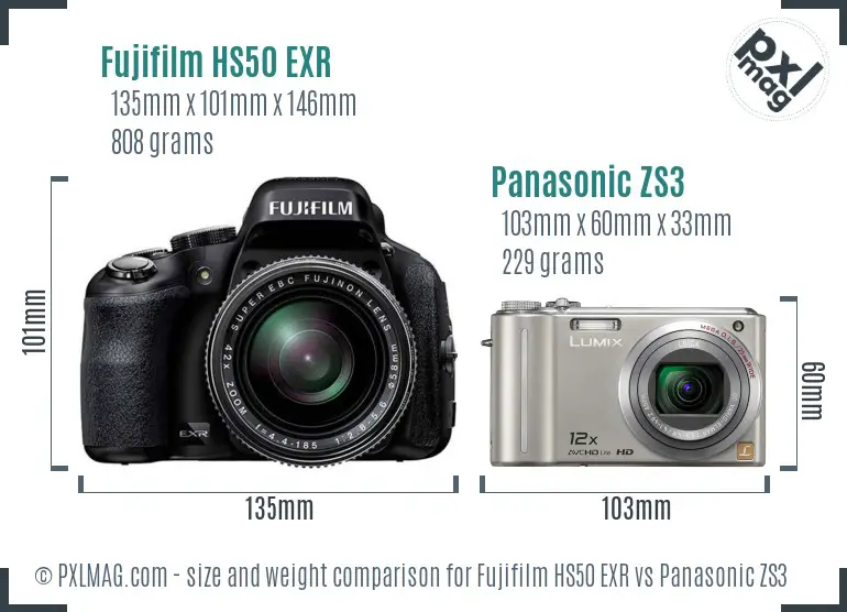 Fujifilm HS50 EXR vs Panasonic ZS3 size comparison