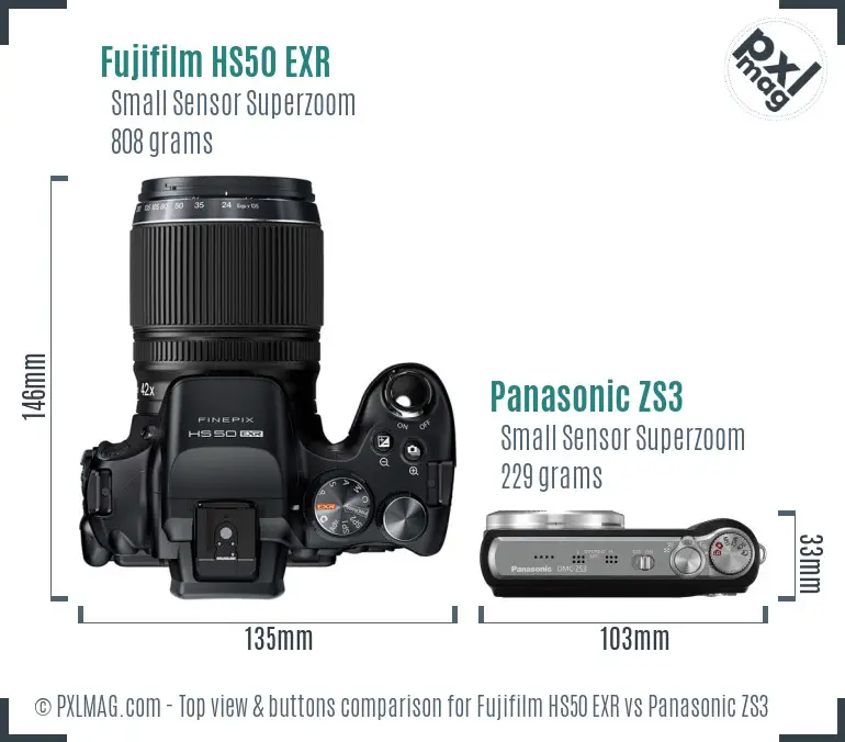 Fujifilm HS50 EXR vs Panasonic ZS3 top view buttons comparison