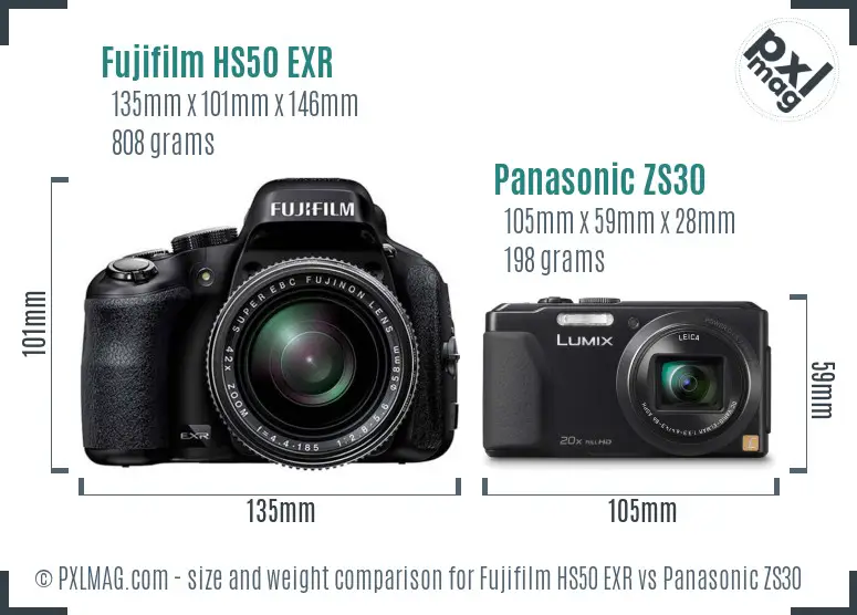 Fujifilm HS50 EXR vs Panasonic ZS30 size comparison