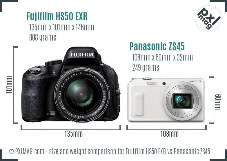 Fujifilm HS50 EXR vs Panasonic ZS45 size comparison