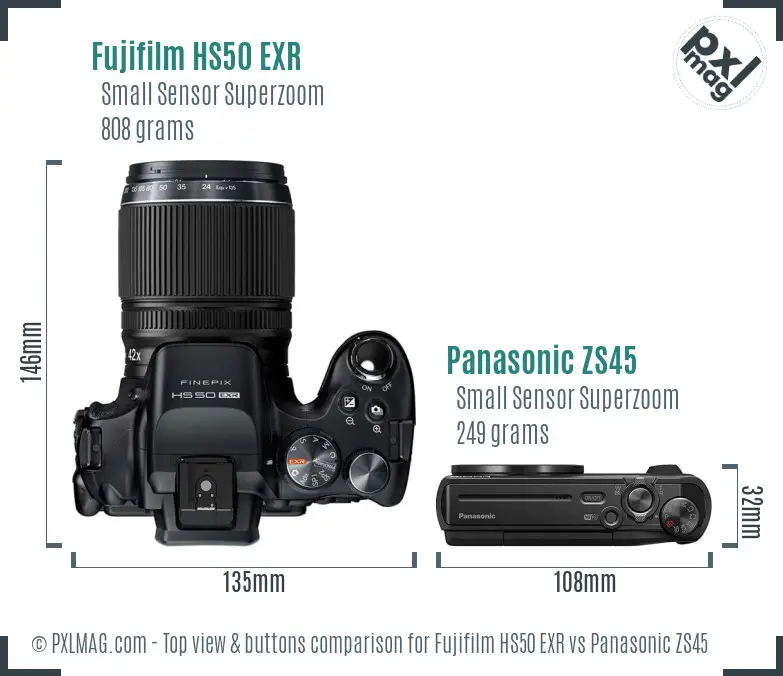 Fujifilm HS50 EXR vs Panasonic ZS45 top view buttons comparison