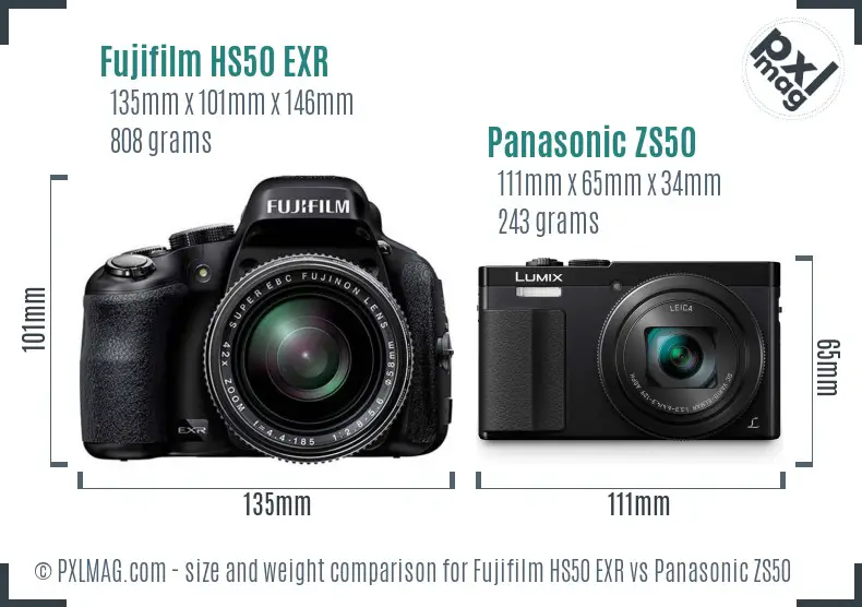 Fujifilm HS50 EXR vs Panasonic ZS50 size comparison