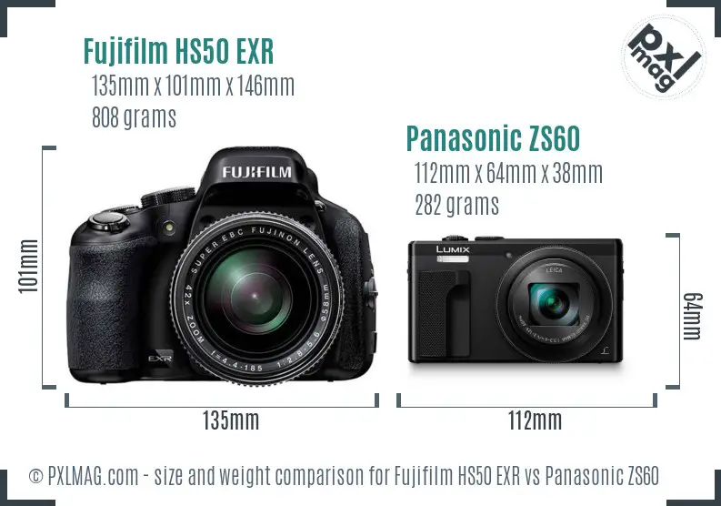 Fujifilm HS50 EXR vs Panasonic ZS60 size comparison
