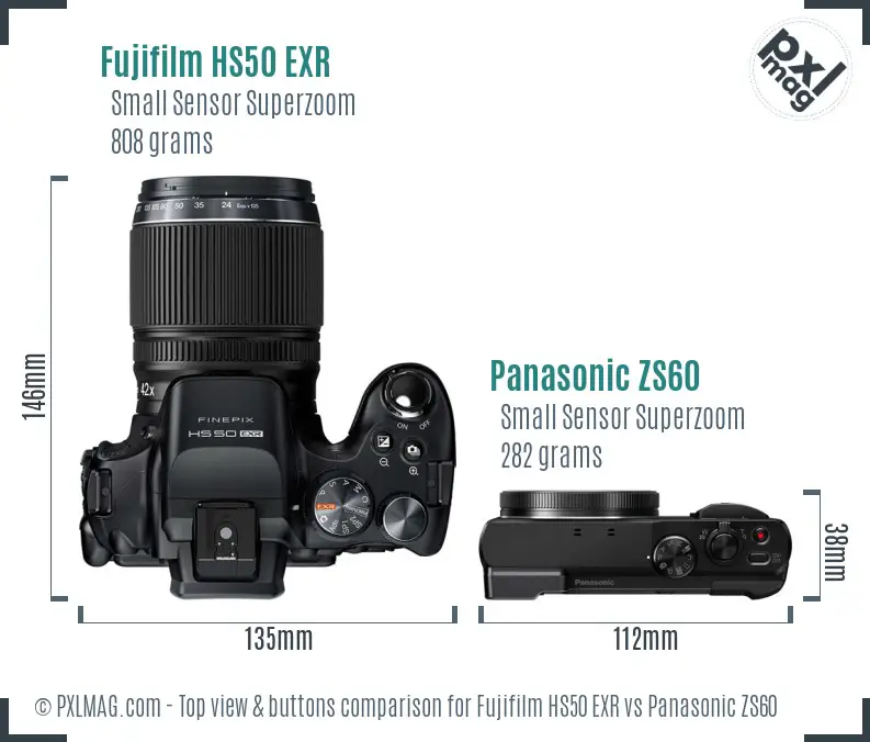 Fujifilm HS50 EXR vs Panasonic ZS60 top view buttons comparison