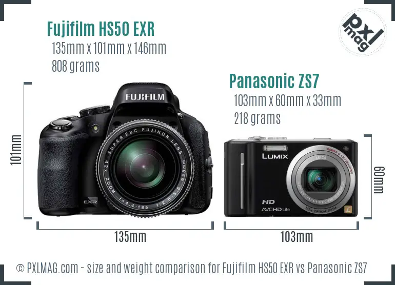 Fujifilm HS50 EXR vs Panasonic ZS7 size comparison