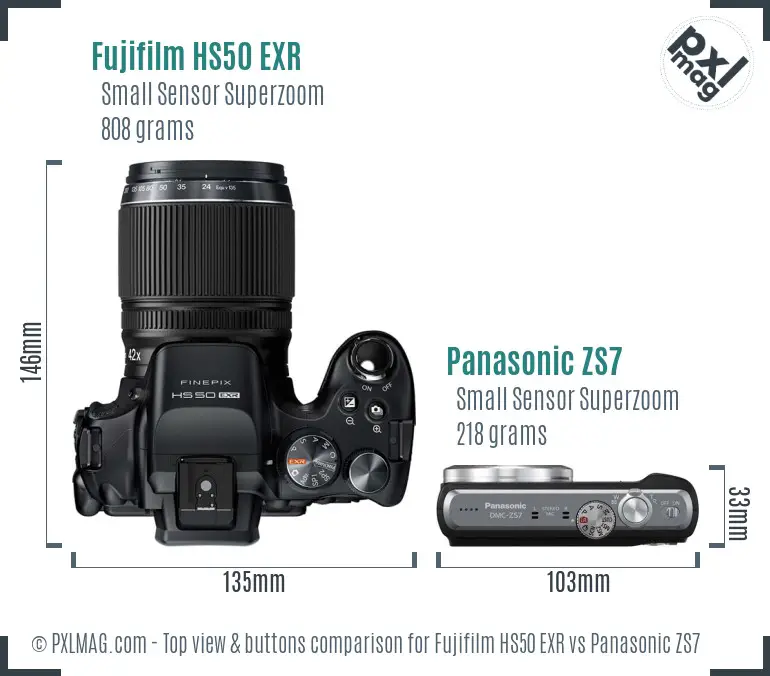 Fujifilm HS50 EXR vs Panasonic ZS7 top view buttons comparison