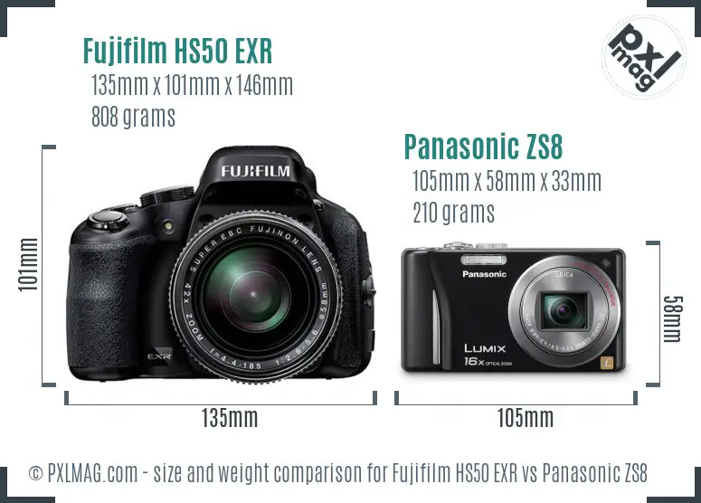 Fujifilm HS50 EXR vs Panasonic ZS8 size comparison