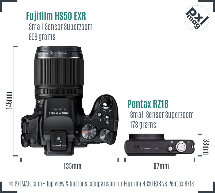 Fujifilm HS50 EXR vs Pentax RZ18 top view buttons comparison