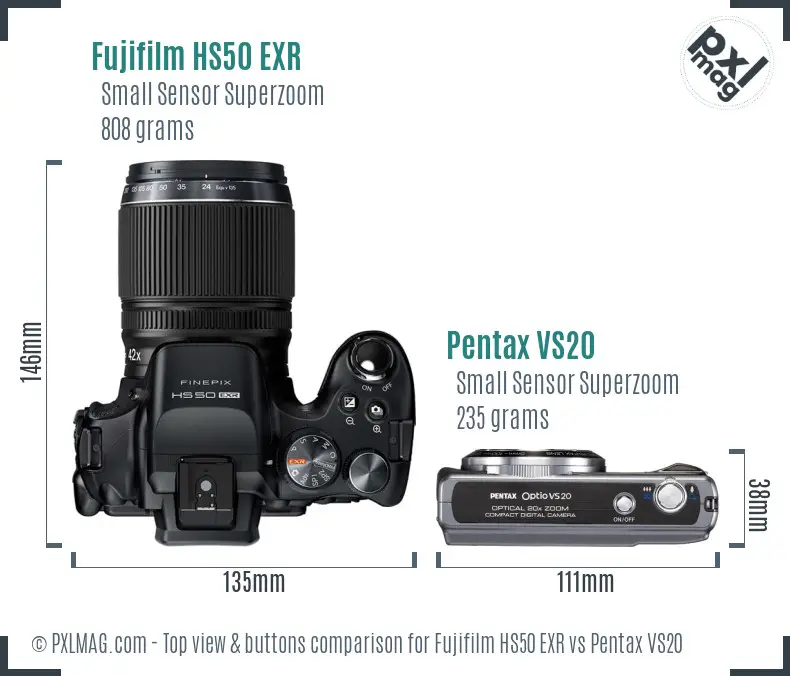 Fujifilm HS50 EXR vs Pentax VS20 top view buttons comparison