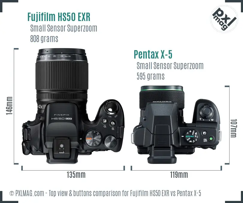 Fujifilm HS50 EXR vs Pentax X-5 top view buttons comparison