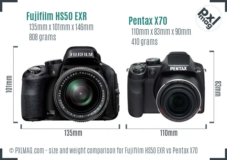 Fujifilm HS50 EXR vs Pentax X70 size comparison