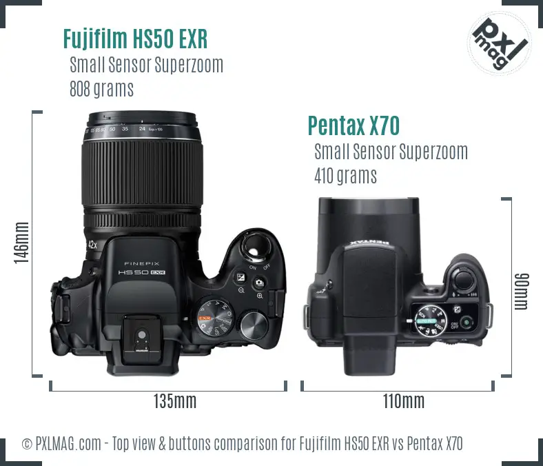 Fujifilm HS50 EXR vs Pentax X70 top view buttons comparison