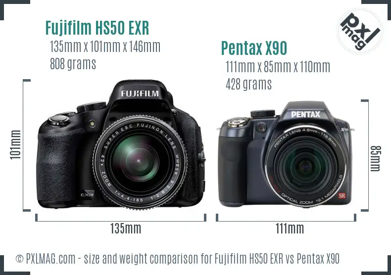 Fujifilm HS50 EXR vs Pentax X90 size comparison