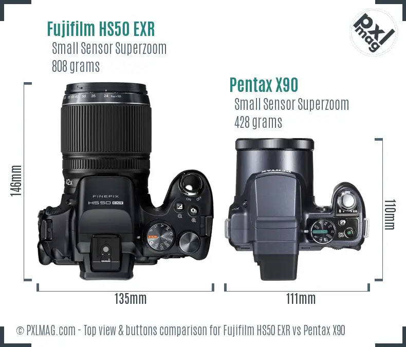 Fujifilm HS50 EXR vs Pentax X90 top view buttons comparison