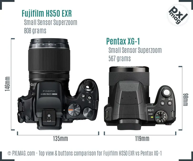 Fujifilm HS50 EXR vs Pentax XG-1 top view buttons comparison