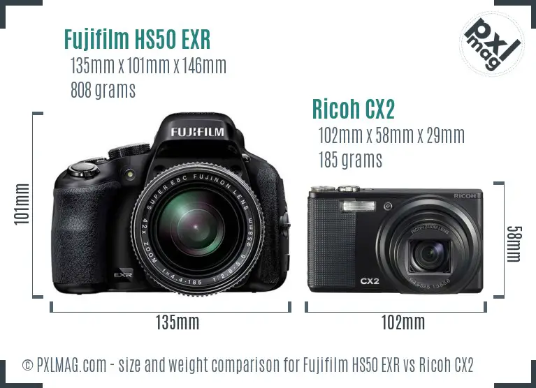 Fujifilm HS50 EXR vs Ricoh CX2 size comparison