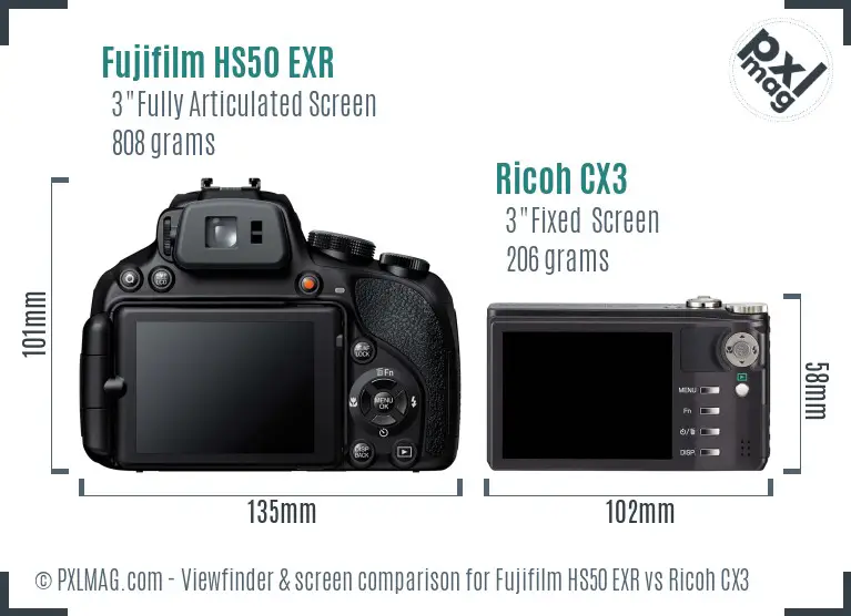 Fujifilm HS50 EXR vs Ricoh CX3 Screen and Viewfinder comparison