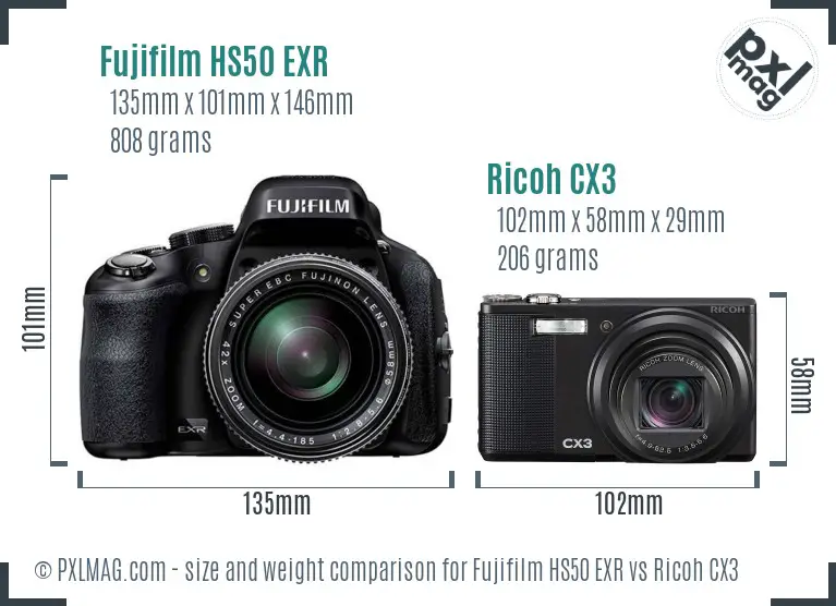 Fujifilm HS50 EXR vs Ricoh CX3 size comparison