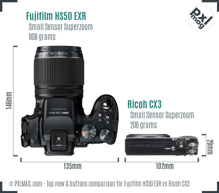 Fujifilm HS50 EXR vs Ricoh CX3 top view buttons comparison