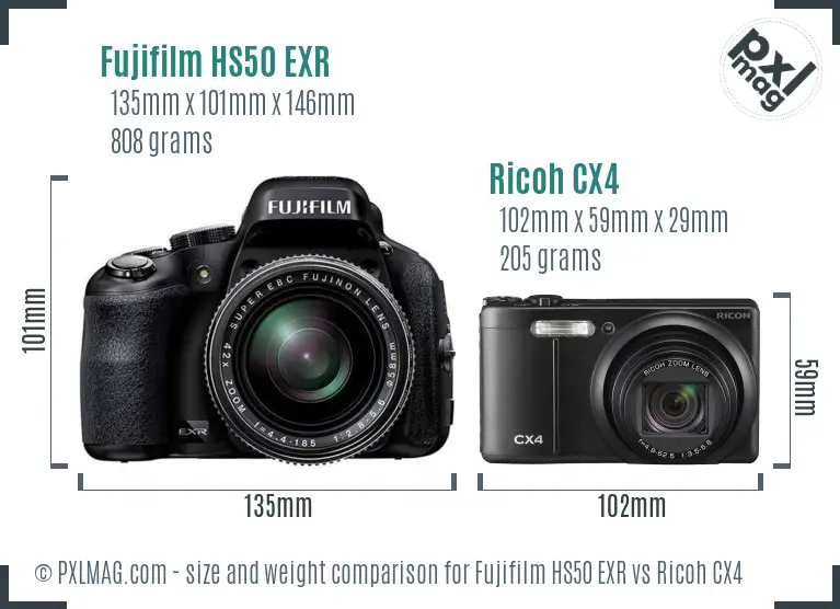 Fujifilm HS50 EXR vs Ricoh CX4 size comparison Fujifilm HS50 EXR vs Ricoh CX4 size comparison