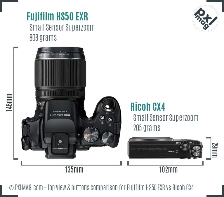 Fujifilm HS50 EXR vs Ricoh CX4 top view buttons comparison Fujifilm HS50 EXR vs Ricoh CX4 top view buttons comparison