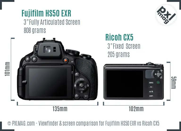 Fujifilm HS50 EXR vs Ricoh CX5 Screen and Viewfinder comparison