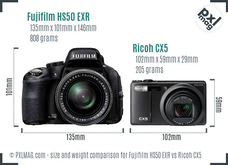Fujifilm HS50 EXR vs Ricoh CX5 size comparison