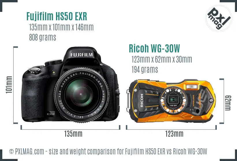 Fujifilm HS50 EXR vs Ricoh WG-30W size comparison Fujifilm HS50 EXR vs Ricoh WG-30W size comparison