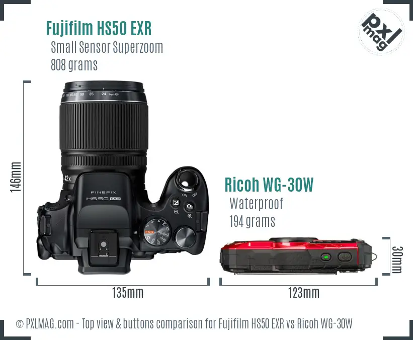 Fujifilm HS50 EXR vs Ricoh WG-30W top view buttons comparison Fujifilm HS50 EXR vs Ricoh WG-30W top view buttons comparison