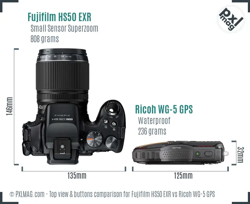 Fujifilm HS50 EXR vs Ricoh WG-5 GPS top view buttons comparison Fujifilm HS50 EXR vs Ricoh WG-5 GPS top view buttons comparison