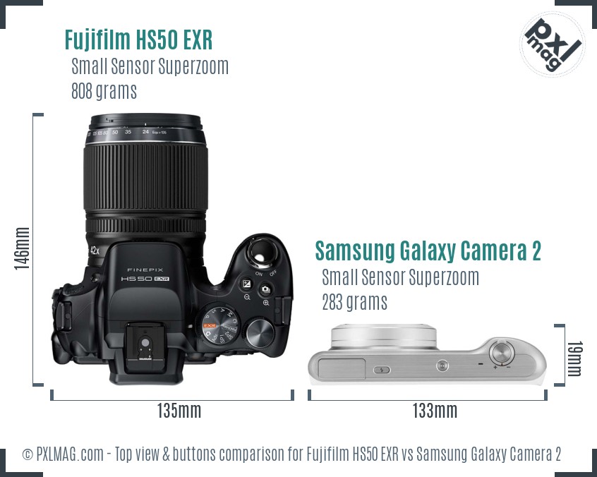 Fujifilm HS50 EXR vs Samsung Galaxy Camera 2 top view buttons comparison