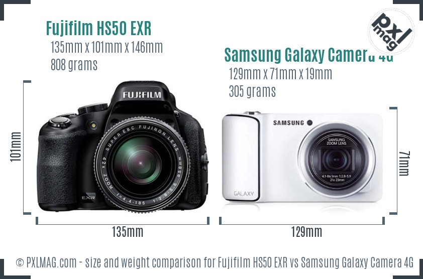 Fujifilm HS50 EXR vs Samsung Galaxy Camera 4G size comparison