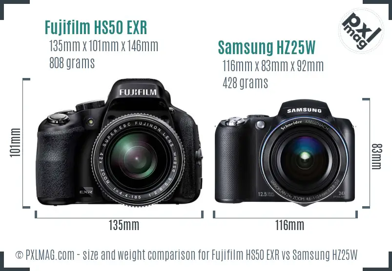 Fujifilm HS50 EXR vs Samsung HZ25W size comparison