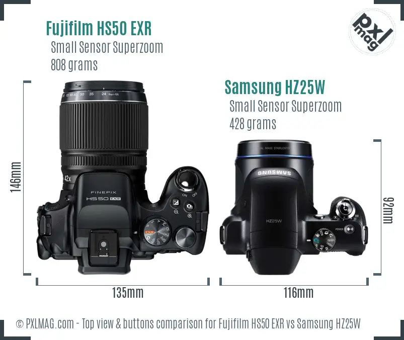 Fujifilm HS50 EXR vs Samsung HZ25W top view buttons comparison