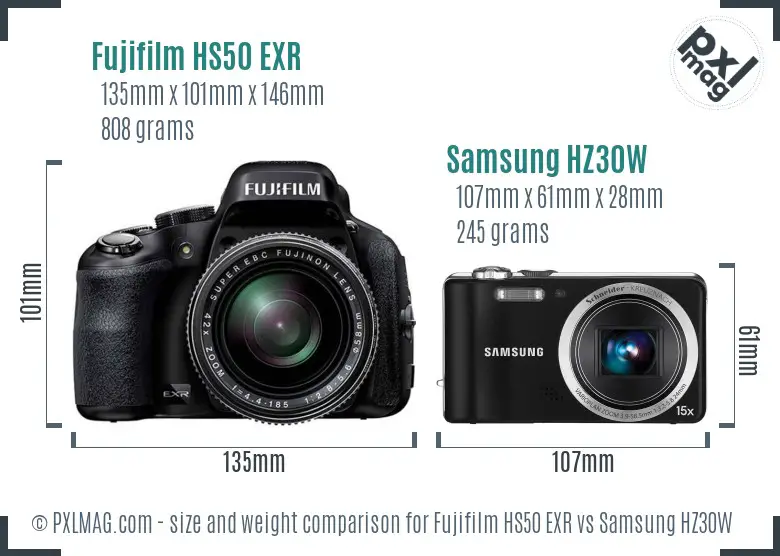 Fujifilm HS50 EXR vs Samsung HZ30W size comparison