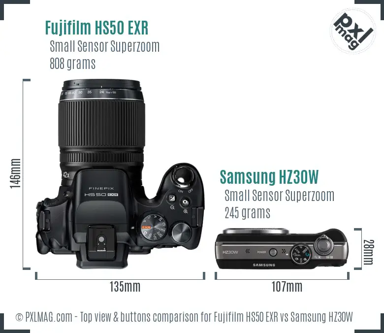 Fujifilm HS50 EXR vs Samsung HZ30W top view buttons comparison