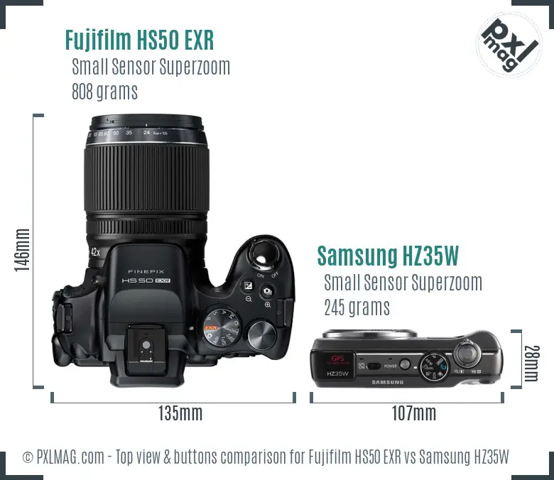 Fujifilm HS50 EXR vs Samsung HZ35W top view buttons comparison