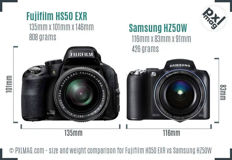 Fujifilm HS50 EXR vs Samsung HZ50W size comparison