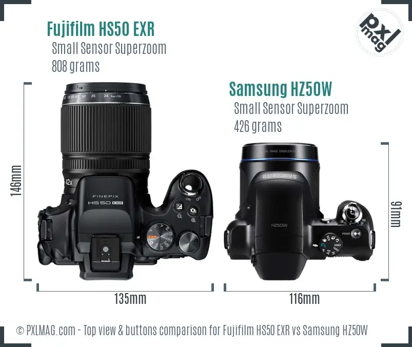 Fujifilm HS50 EXR vs Samsung HZ50W top view buttons comparison