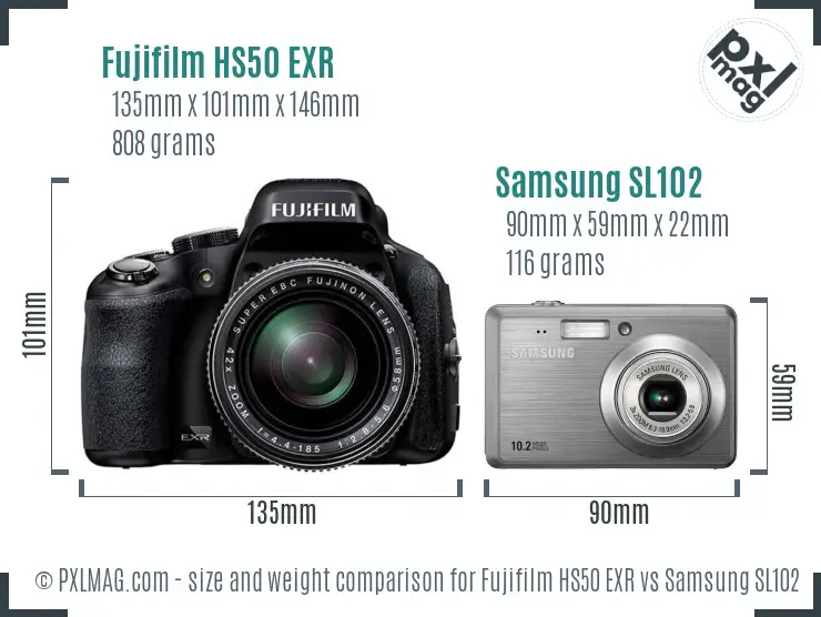 Fujifilm HS50 EXR vs Samsung SL102 size comparison