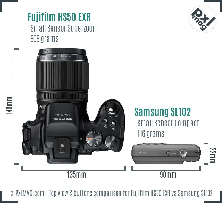 Fujifilm HS50 EXR vs Samsung SL102 top view buttons comparison