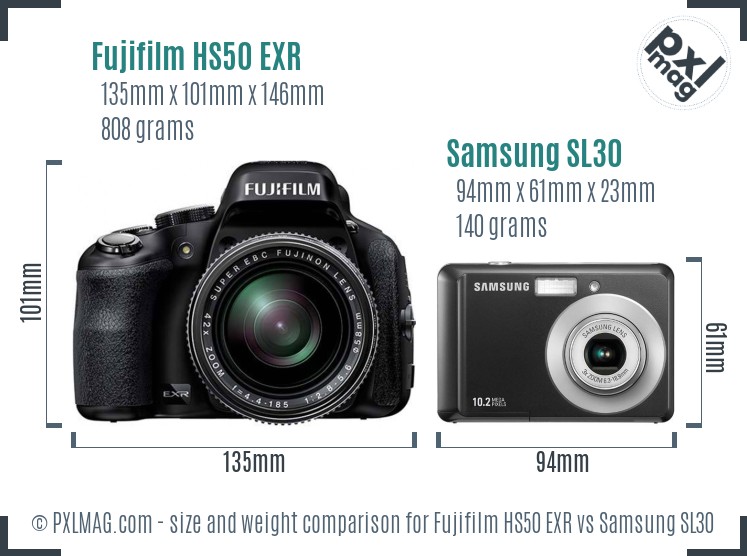 Fujifilm HS50 EXR vs Samsung SL30 size comparison