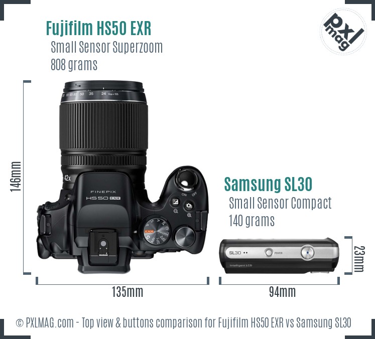 Fujifilm HS50 EXR vs Samsung SL30 top view buttons comparison