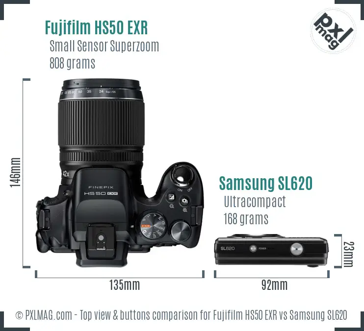 Fujifilm HS50 EXR vs Samsung SL620 top view buttons comparison Fujifilm HS50 EXR vs Samsung SL620 top view buttons comparison