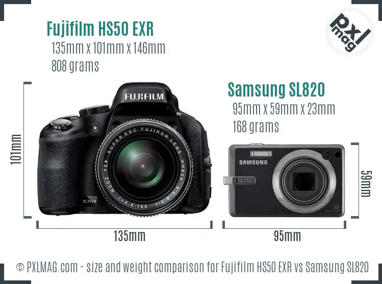 Fujifilm HS50 EXR vs Samsung SL820 size comparison