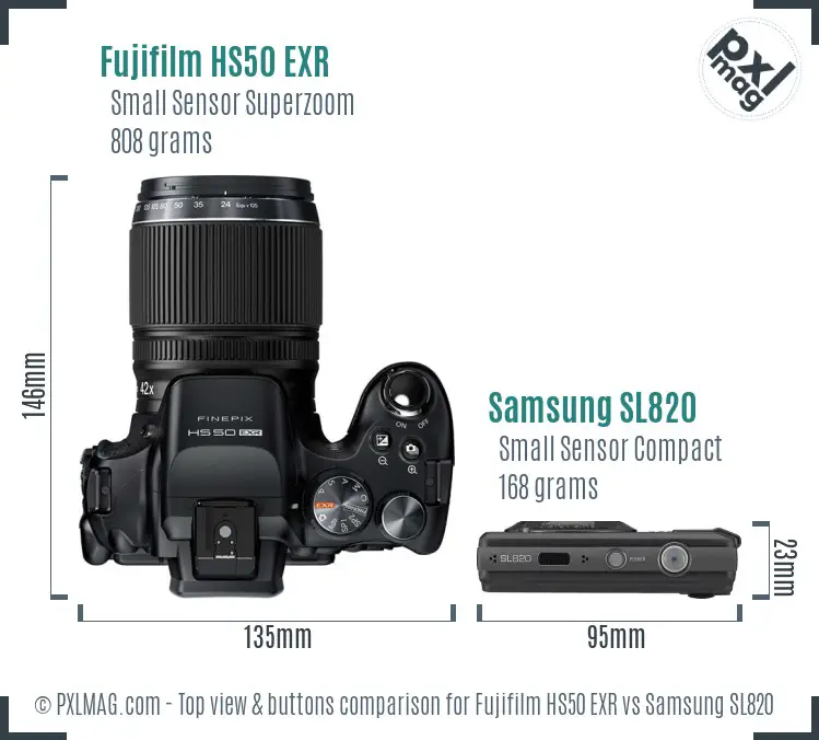 Fujifilm HS50 EXR vs Samsung SL820 top view buttons comparison