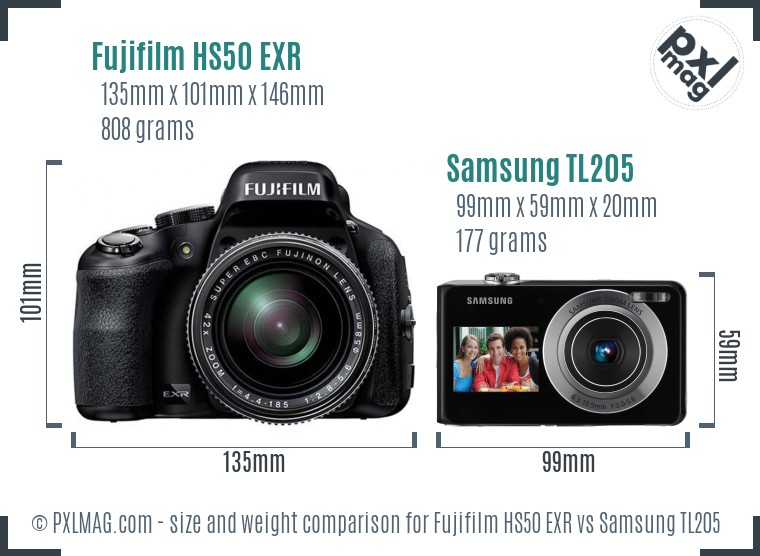 Fujifilm HS50 EXR vs Samsung TL205 size comparison